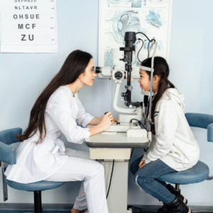 A female eye doctor examining a patient during an eye checkup, representing the different types of eye doctors and what they treat.