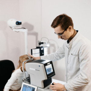 A dermatologist examining a patient’s eyes – representing what are the best dermatologist treatments for under-eye dark circles
