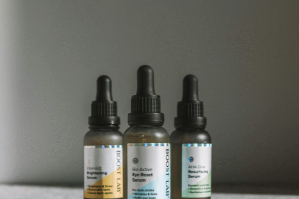Bottles with skincare product labeled as eye serum explaining what is eye serum